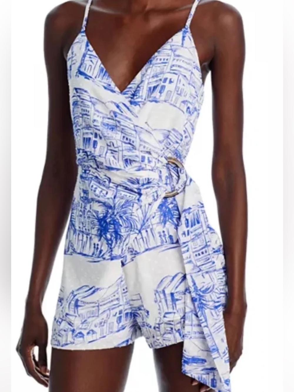 Aqua White & Blue Printed Wrap Romper